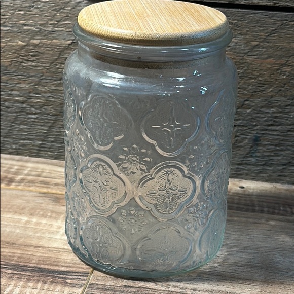 Glass Storage Jar with Wooden Lid Airtight Seal Intricate Design Great for Decor - Picture 1 of 10